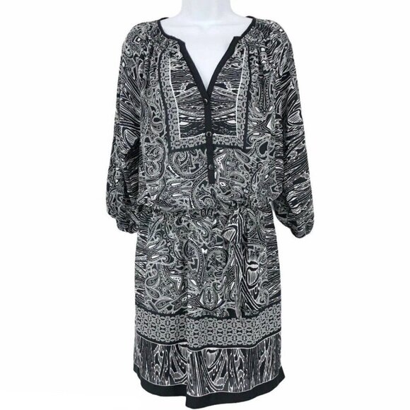 Cache Women’s Blouson Dress  Size M Paisley Print Black & White Button Up V Neck - Picture 1 of 10